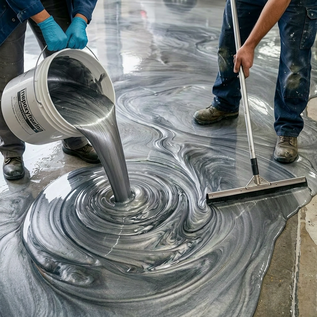 Technicians pouring and spreading silver epoxy floor coating in a residential garage